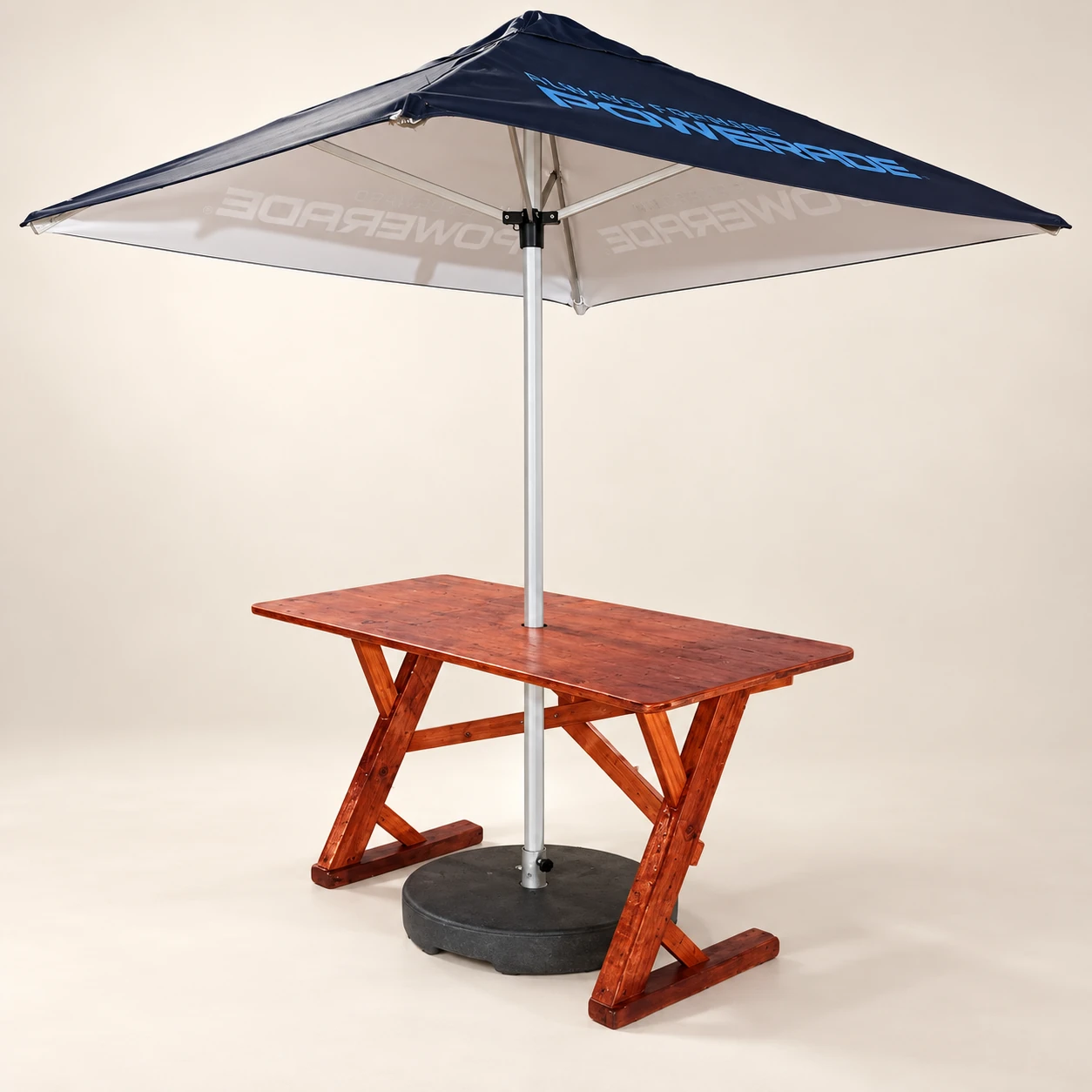 Khazimulo — Reddish trestle table with navy umbrella
